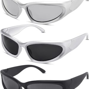 3 Pairs Y2K Wrap Around Sunglasses Trendy Silver Glasses Oval Black Shades Sporty Futuristic Aesthetic for Women Men Rave