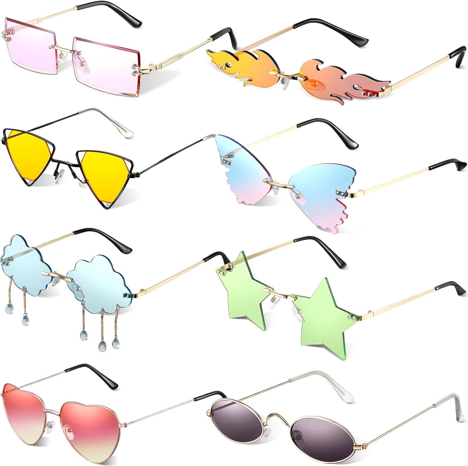 8 Pcs Irregular Sunglasses Set Heart Sunglasses Rimless Glasses Vibrant Style