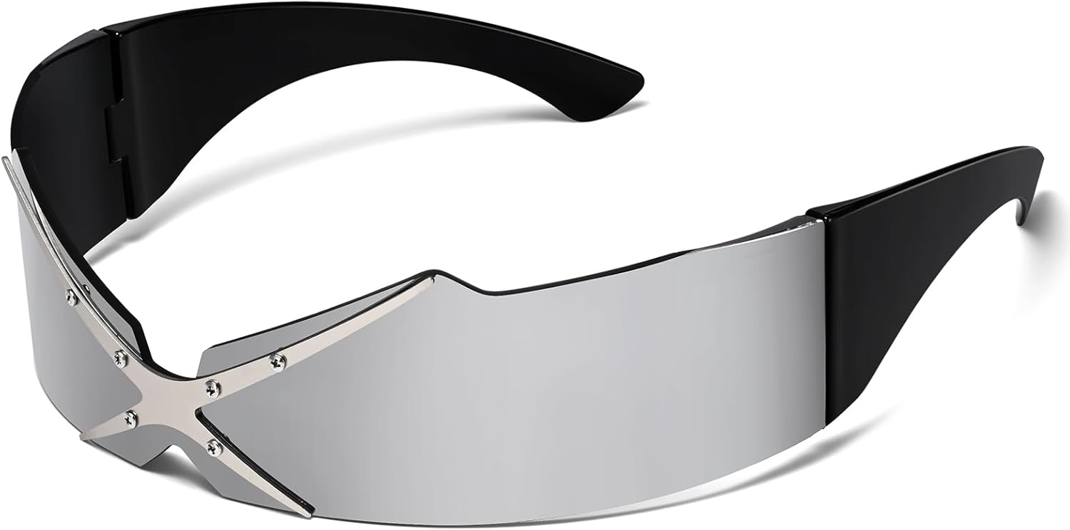 Dollger Futuristic Sunglasses Y2K Space Cyclops Wrap Around Glasses Rimless Translucent Mirrored Lens - Image 9