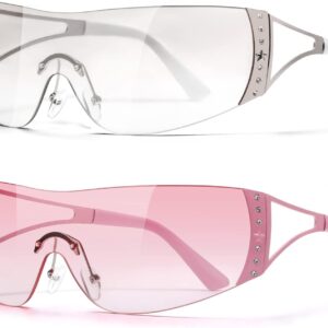 DQbhzh Y2K Glasses 2000s Cool Rimless Sunglasses for Women Men Trendy Shield Wrap Around