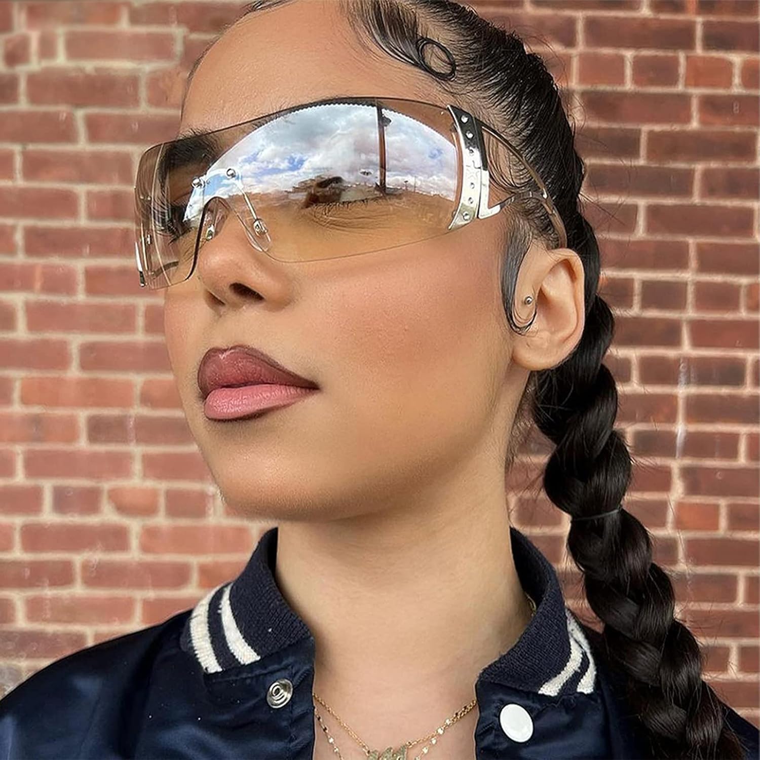 DQbhzh Y2K Glasses 2000s Cool Rimless Sunglasses for Women Men Trendy Shield Wrap Around - Image 2