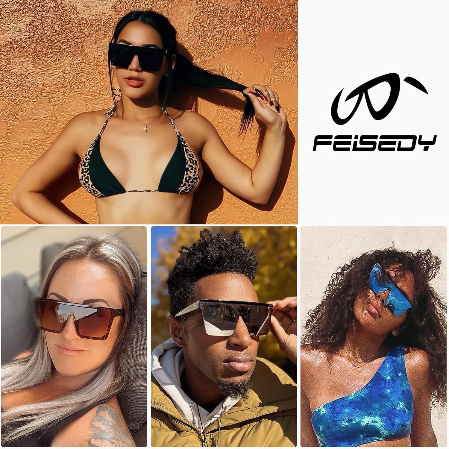 FEISEDY Oversized Sunglasses Mens Womens Flat Top Square Trendy Visor Shades UV400 B2470 - Image 8