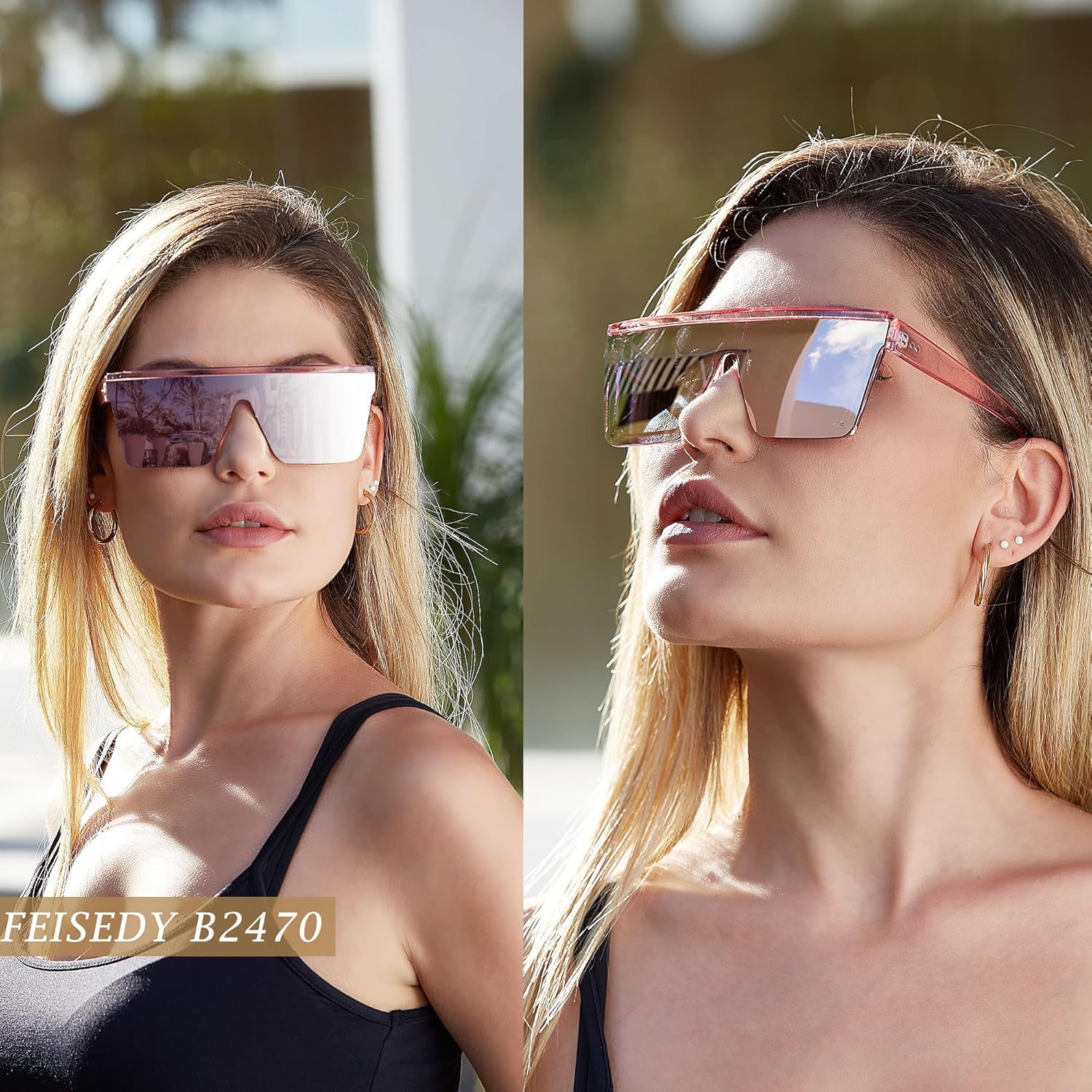 FEISEDY Oversized Sunglasses Mens Womens Flat Top Square Trendy Visor Shades UV400 B2470 - Image 2