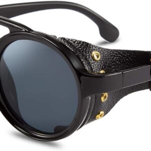 FEISEDY Retro Round Steampunk Sunglasses Women Men Vintage Eyewear Light Plastic Frame with Leatherwear B2532