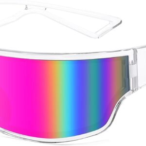 FEISEDY Trendy Futuristic Wrap Sunglasses Flat Top Mirrored One Piece Lens Reflective Sun Glasses for Women Men B0161