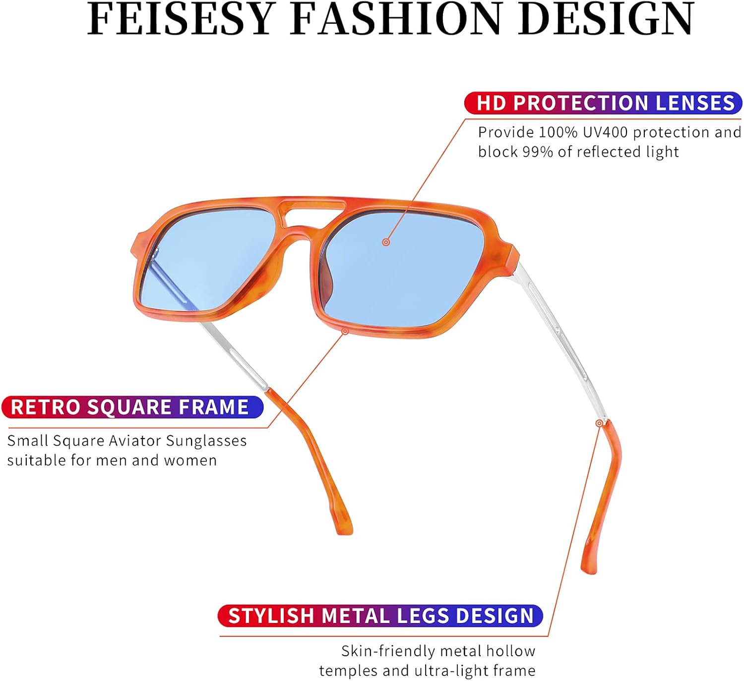 FEISEDY Vintage Square 70s Flat Aviator Sunglasses Women Men Metal Design Shades B2752 - Image 6