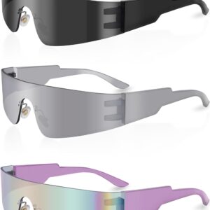 Futuristic Wrap Around Sunglasses Y2K Silver Trendy Rimless Glasses Cyberpunk Eyewear for Women Men Rave Party