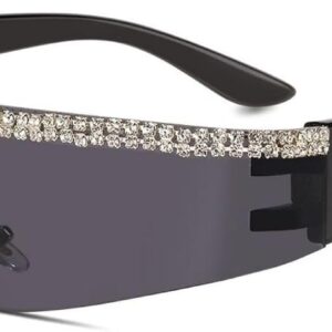 Hanj Y2k Wrap Around Rhinestone Sunglasses for Women Men Elton Inspired Bling Glasses Rimless 2000s Shades