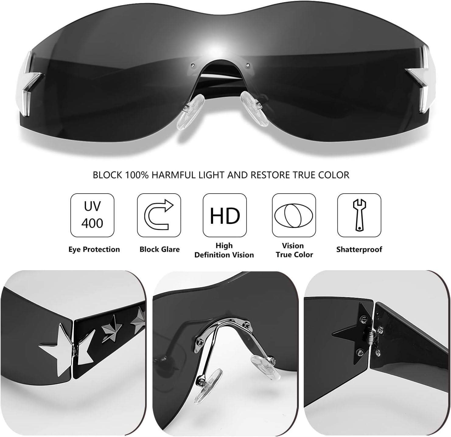 Haqptul Rimless Y2K Sunglasses Star Wrap Around Glasses 2000S Accessories for Women Men Trendy Fashion Cool Shield Shades - Image 4