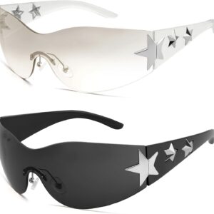 Haqptul Rimless Y2K Sunglasses Star Wrap Around Glasses 2000S Accessories for Women Men Trendy Fashion Cool Shield Shades