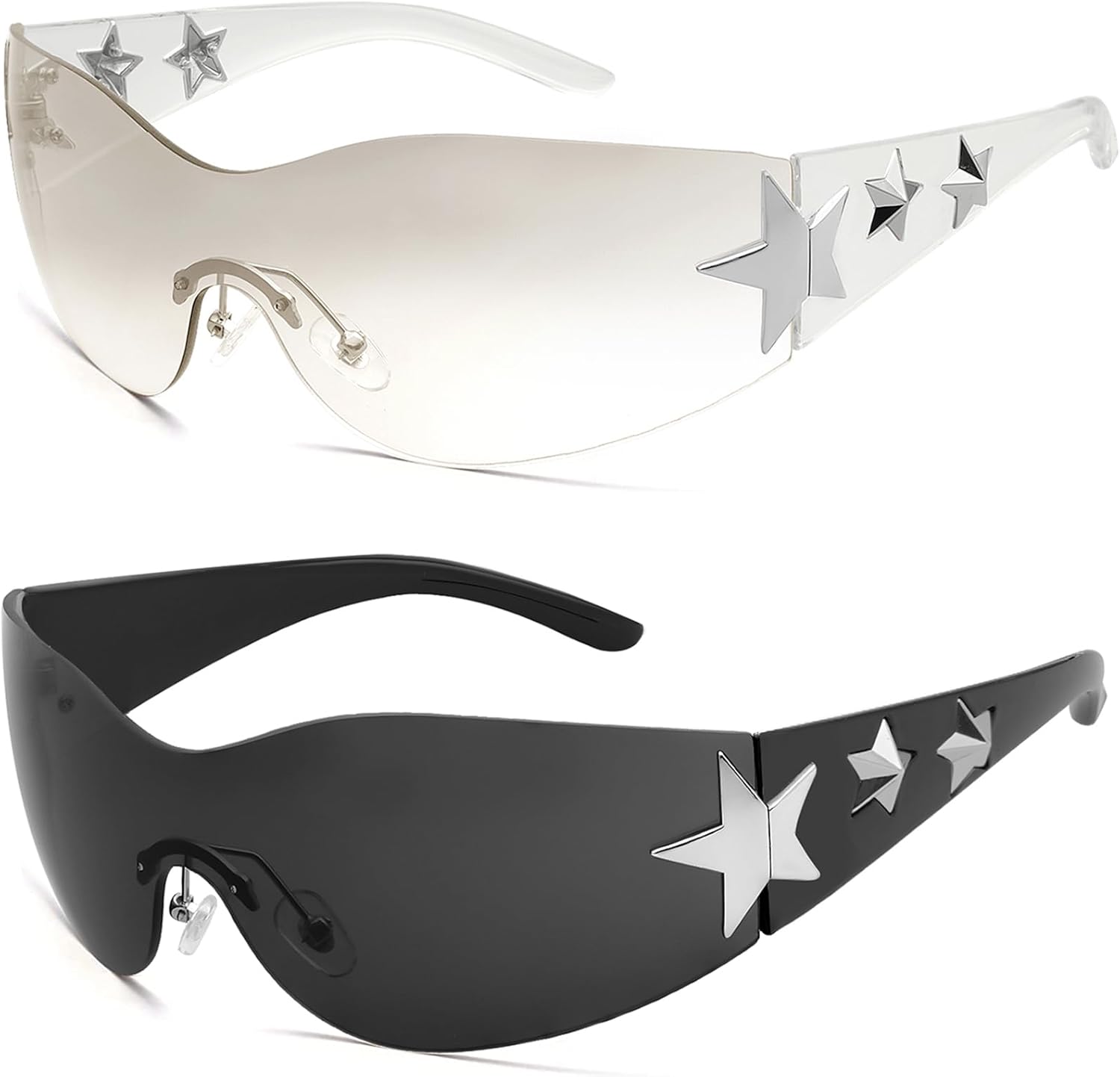 Haqptul Rimless Y2K Sunglasses Star Wrap Around Glasses 2000S Accessories for Women Men Trendy Fashion Cool Shield Shades