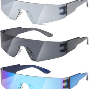 MASDUN Trendy Rimless Futuristic Wrap Around Sunglasses Women Men,Cyberpunk Visor Shades Fashion Sun Glasses (3 Pack)