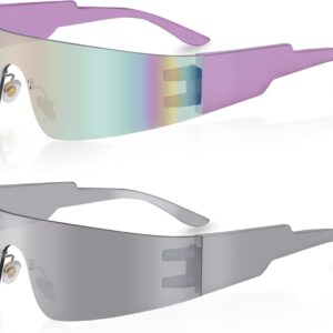 milramtob Futuristic Wrap Around Fashion Sunglasses Y2K Silver Trendy Rimless Glasses Cyberpunk Eyewear Women Men Rave Party