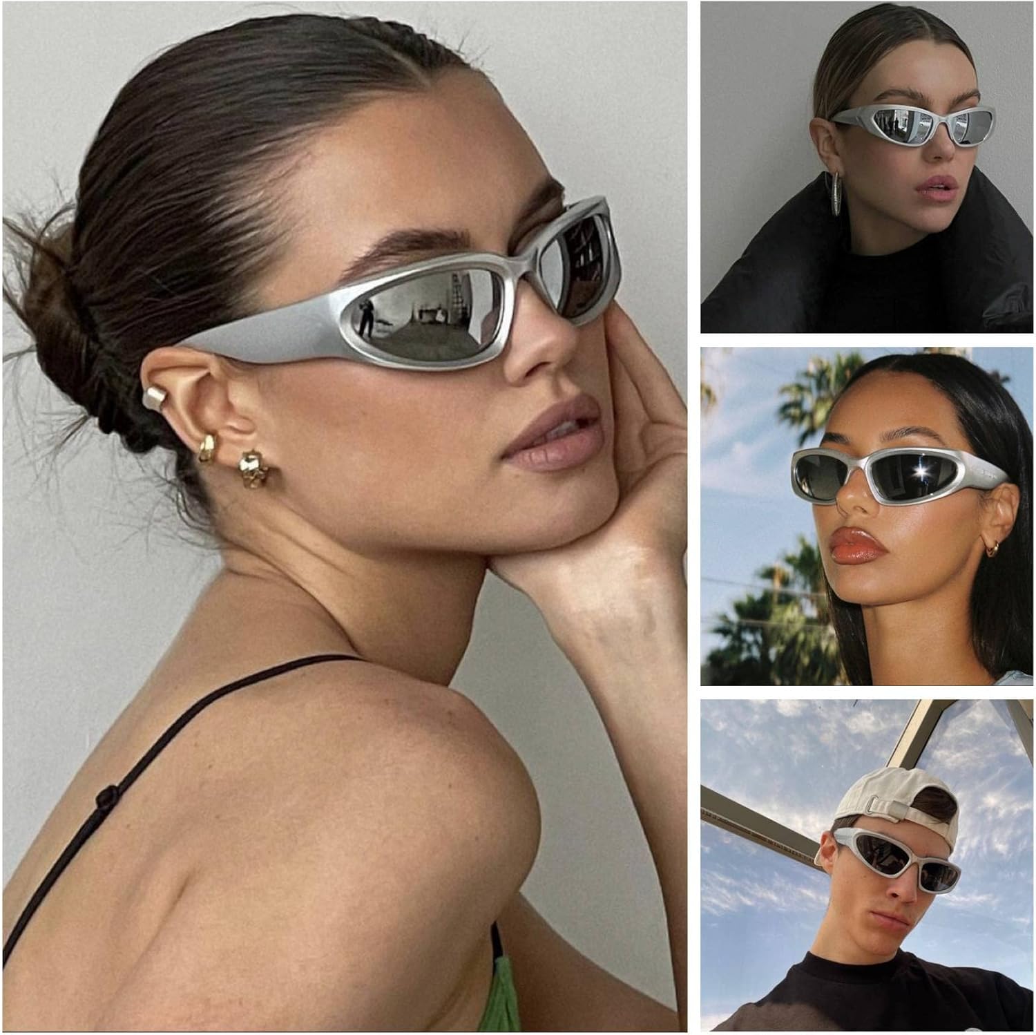 milramtob Y2K Wrap Around Sunglasses Trendy Silver Glasses Retro 90s Shades Women Futuristic - Image 2