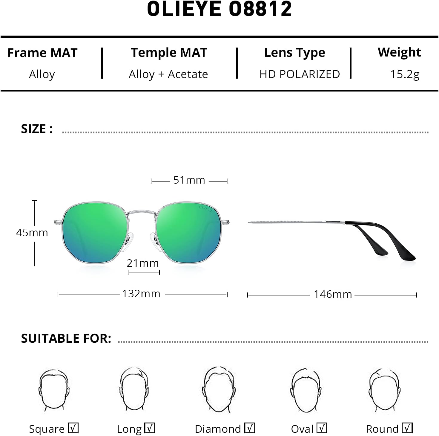 OLIEYE Vintage Square Polarized Sunglasses for Women Men Classic Small Sunglasses Mirrored Lens - Image 2