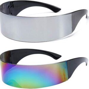 PLOPLO 2 Pack Futuristic Cyclops Monoblock Shield Mirrored Sunglasses Sunglass Glasses