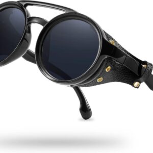 Technigadgets Finnegan Steampunk Retro Sunglasses Men Women with Leather Side Shield Double Bridge Plastic Frame Mens Gift