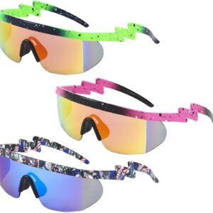 Tongcloud 3 Pair Unisex Retro Neon Retro Semi Rimless Sunglasses 80s 90s Sunglasses Lens Sunglasses for Men Women